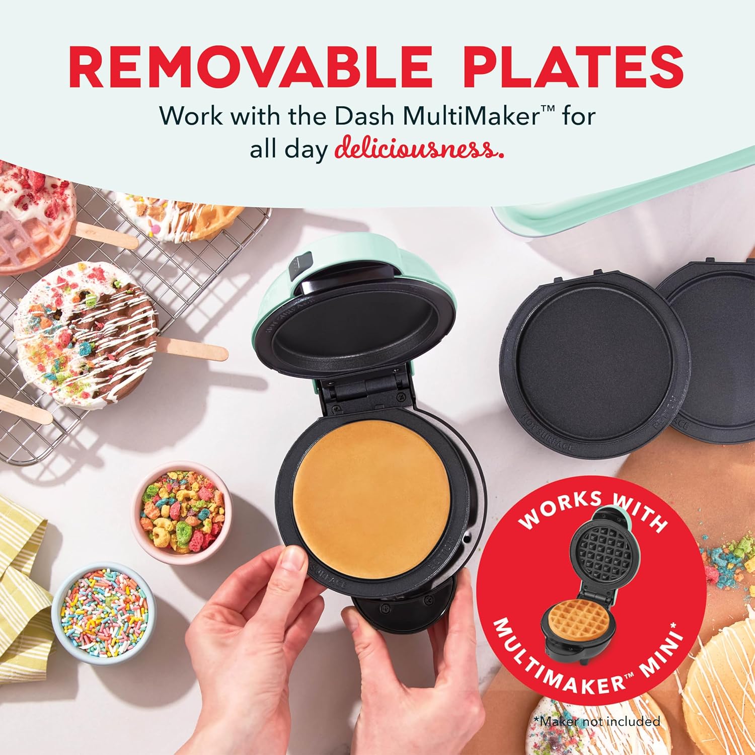 DASH Multimaker Mini System Two 4” Nonstick Removable Waffle Plates Set (Snowman & Tree) - 2Pc Plate Pack for Waffle Iron & Griddle, Compatible with Dash MultiMaker Mini System, Nonstick Surface