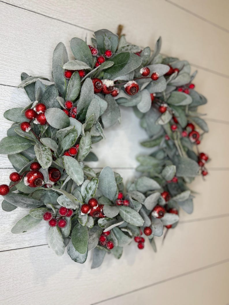 Christmas Lambs Ear with Red Berries  Wreath for Front Door, Winter Farmhouse Mistletoe Wreath,  Small Winter wreath, Christmas Door Wreath