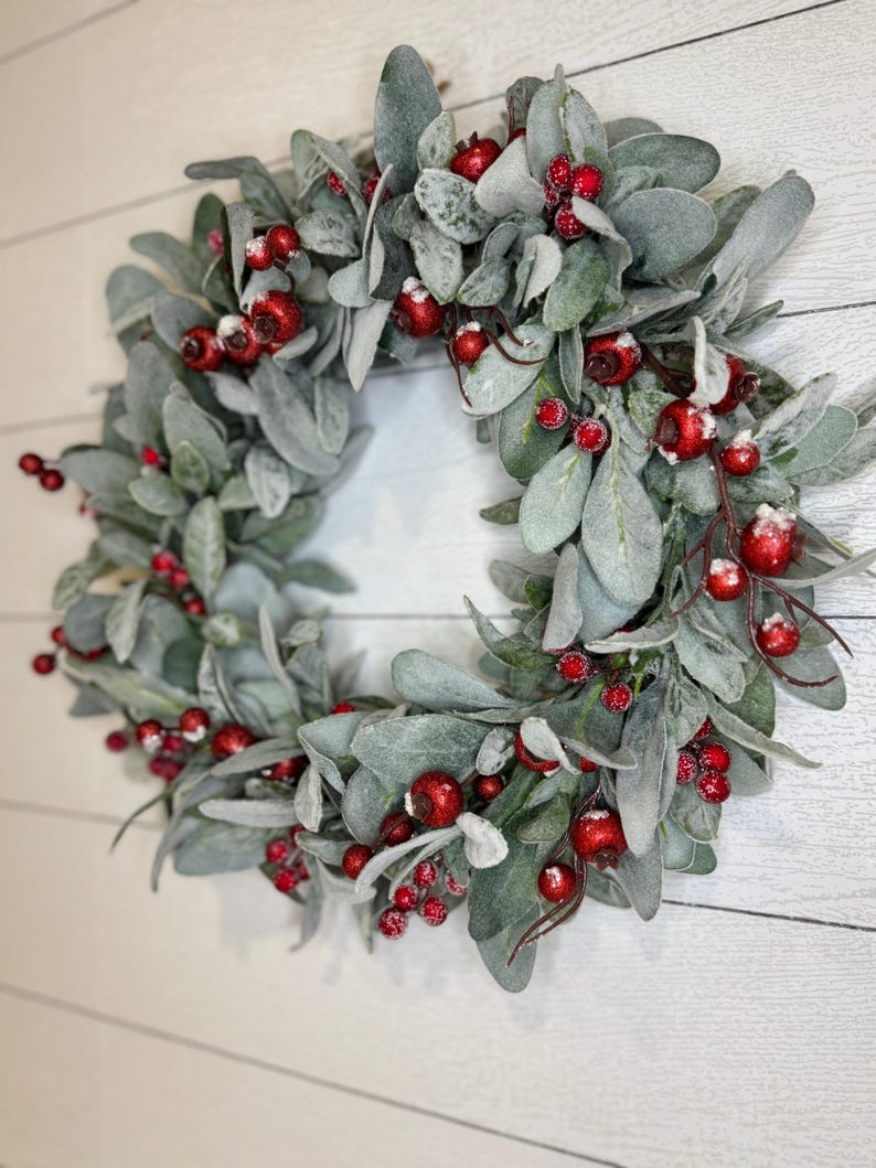 Christmas Lambs Ear with Red Berries  Wreath for Front Door, Winter Farmhouse Mistletoe Wreath,  Small Winter wreath, Christmas Door Wreath