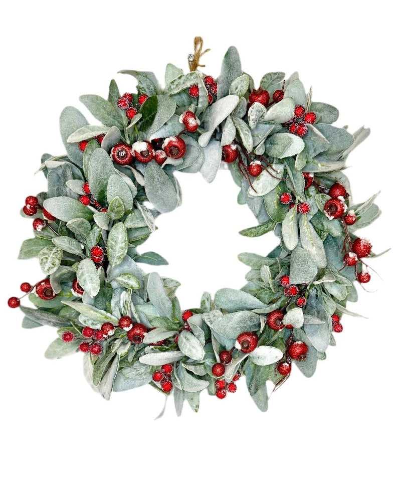 Christmas Lambs Ear with Red Berries  Wreath for Front Door, Winter Farmhouse Mistletoe Wreath,  Small Winter wreath, Christmas Door Wreath