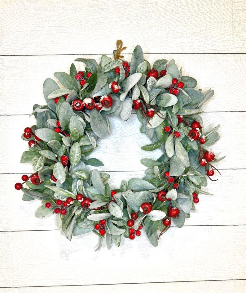 Christmas Lambs Ear with Red Berries  Wreath for Front Door, Winter Farmhouse Mistletoe Wreath,  Small Winter wreath, Christmas Door Wreath