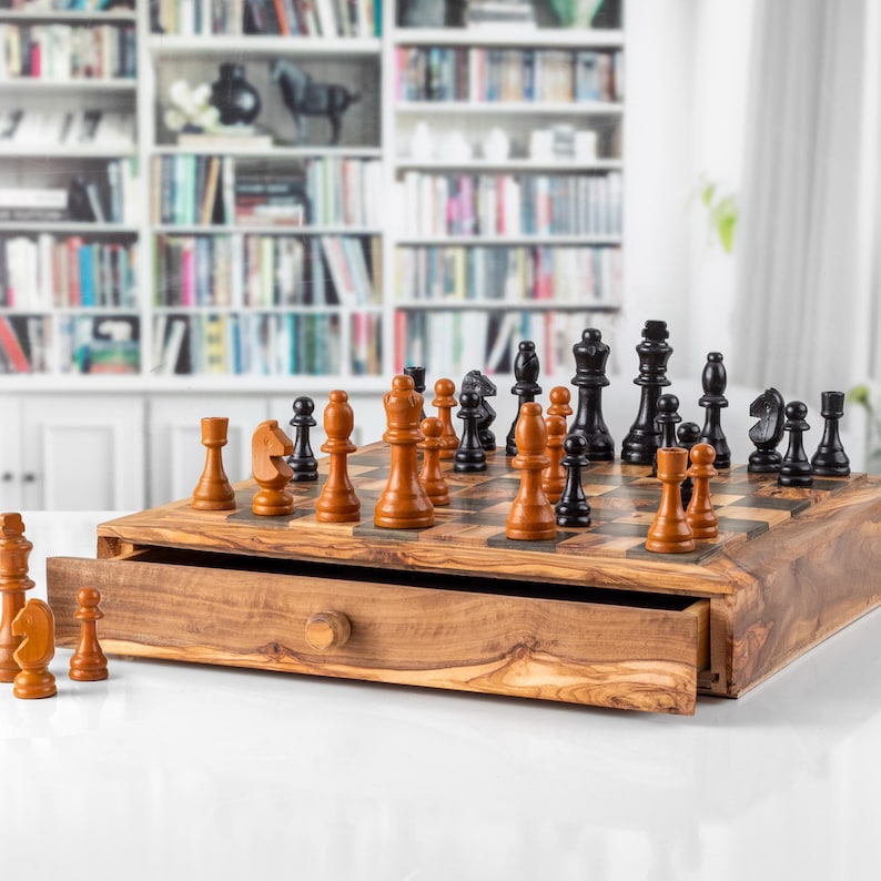 Handmade Olive Wood Chess Set with Storage
