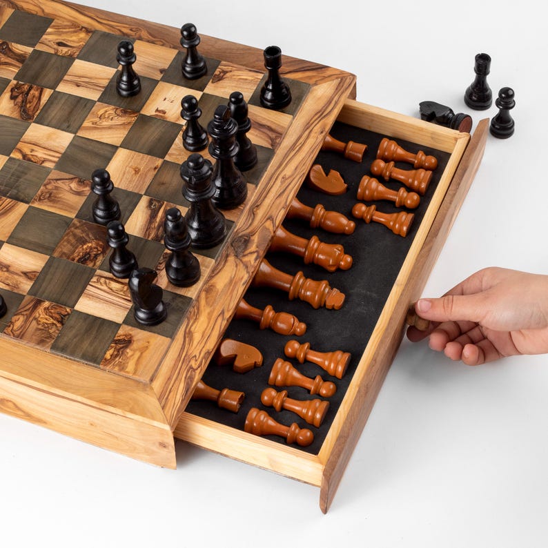 Handmade Olive Wood Chess Set with Storage