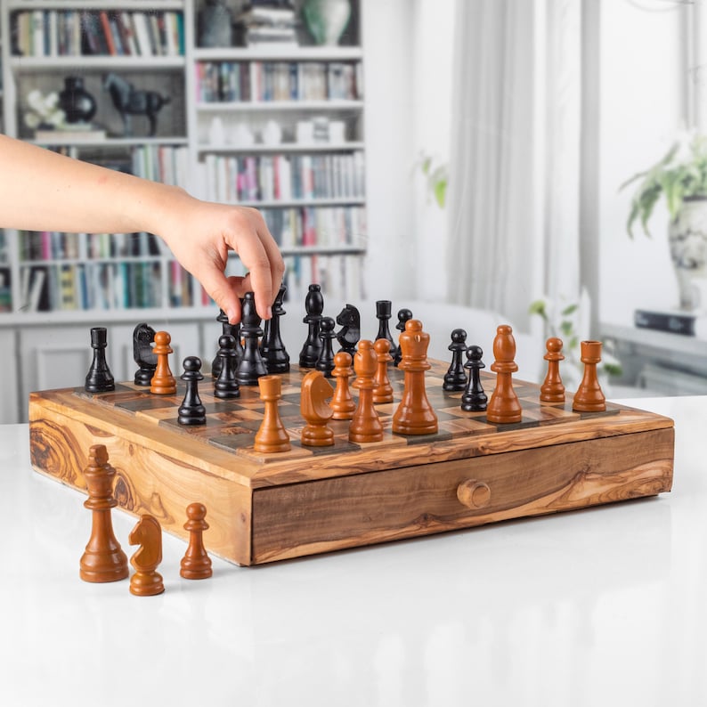 Handmade Olive Wood Chess Set with Storage