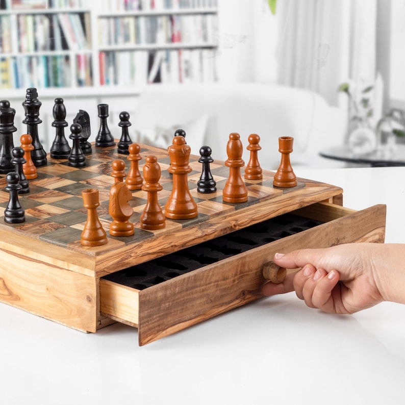 Handmade Olive Wood Chess Set with Storage