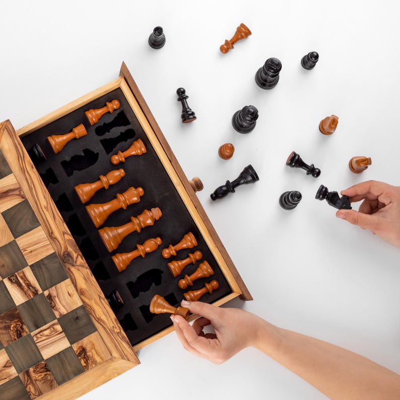 Handmade Olive Wood Chess Set with Storage